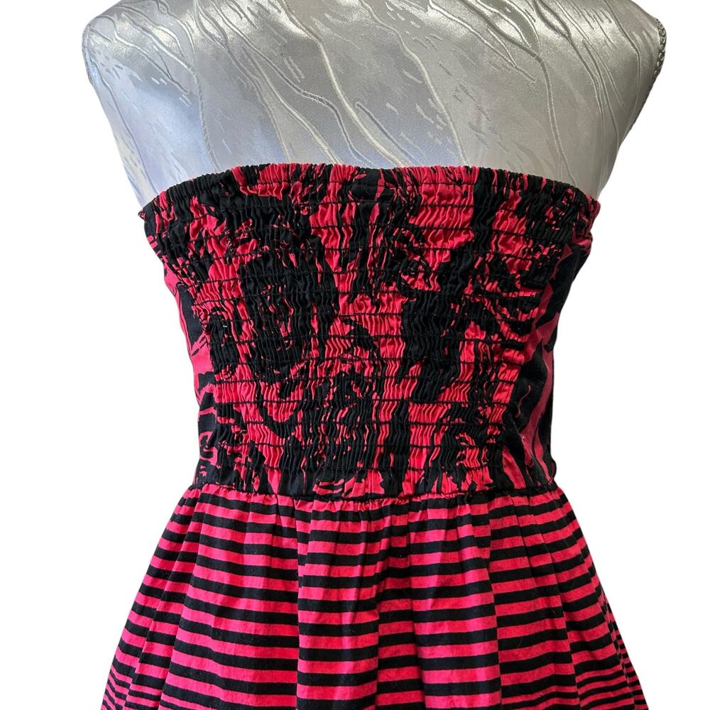 Vintage Y2K Strapless Floral Stripe Dress Smocked Back Sz Medium - Picture 7 of 14